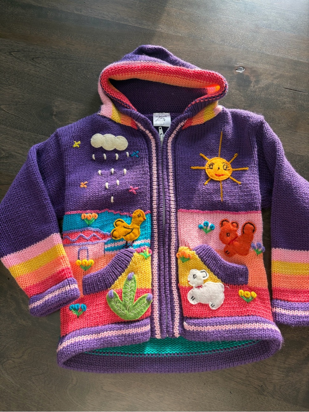 Kids Purple Hooded Zip Sweater with Colorful Embroidered Animals